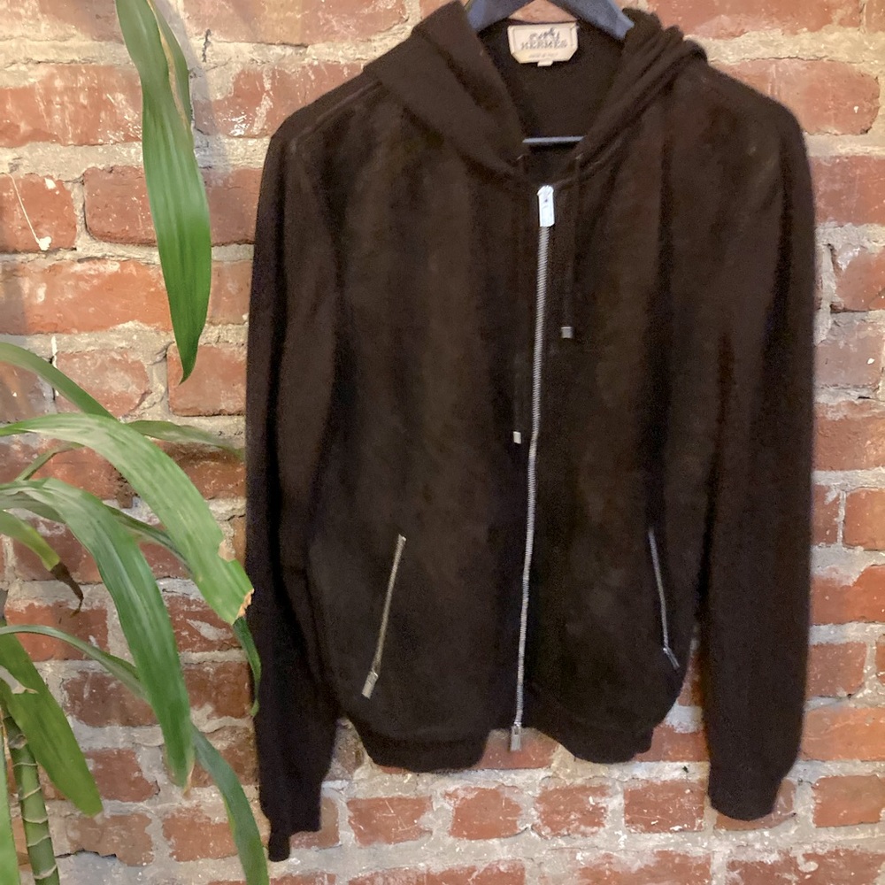 HERMÈS Cashmere front goat skin hooded jacket